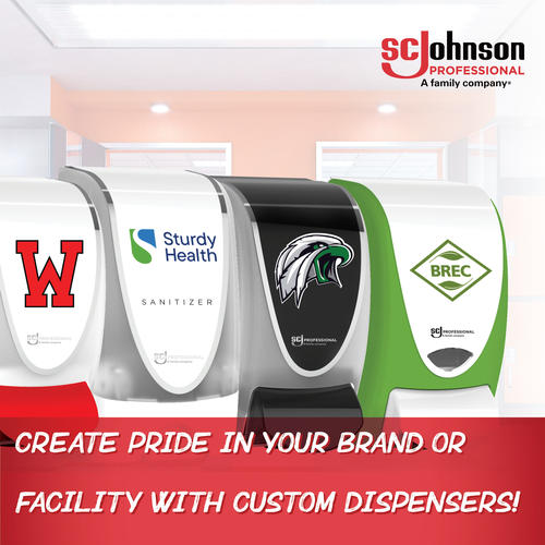 Image of SC Johnson Professional Custom Dispensers with text "Create pride in your brand or facility with custom dispensers"
