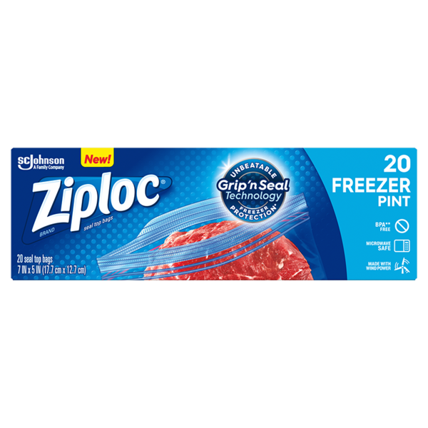 One Pint Ziploc Brand Freezer Bags 20 Count Box