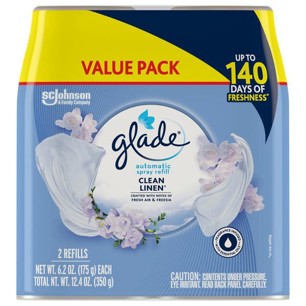 Glade fresh linen scent, 2 pack refill for the automatic sprayer