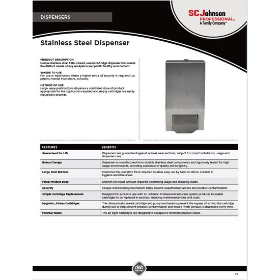 stainless steel dispenser product information sheet