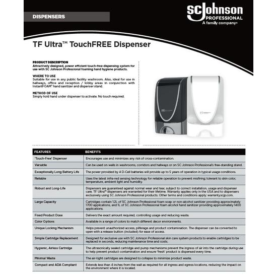 TouchFree Dispensers Product Information Sheet