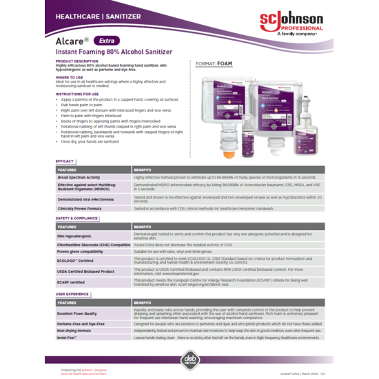 Alcare Extra Product Information Sheet