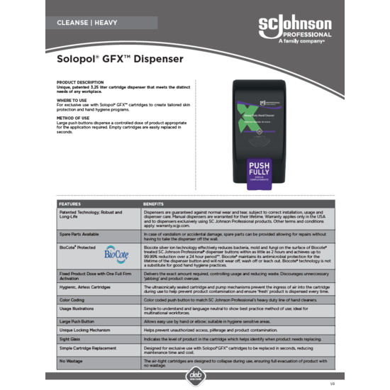 Solopol GFX Dispenser Product Information Sheet