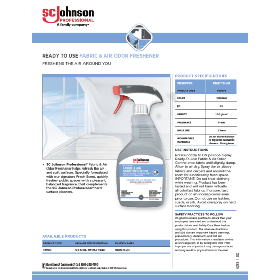 Fabric and Air Odor Freshener Product Information Sheet new