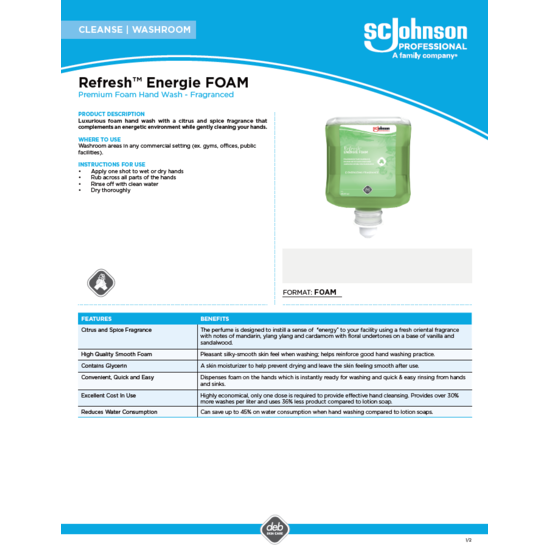 Refresh Energie Foam Product Information Sheet