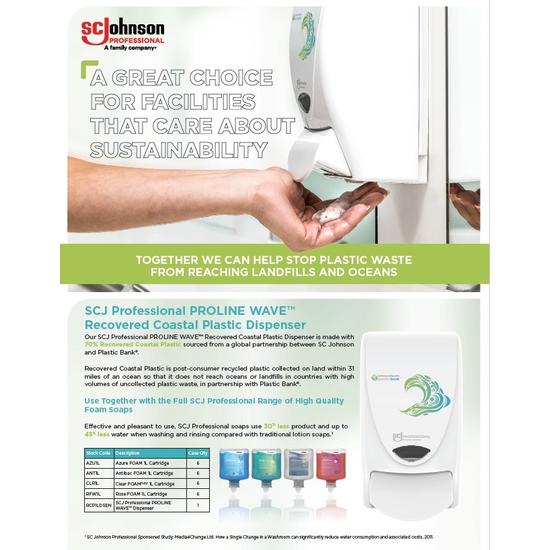 The SCJ Professional Proline Wave dispenser is a great choice for facilities that care about sustainability, Made from 70% Recovered coastal plastic, and compatible with our full range of soaps and sanitizers