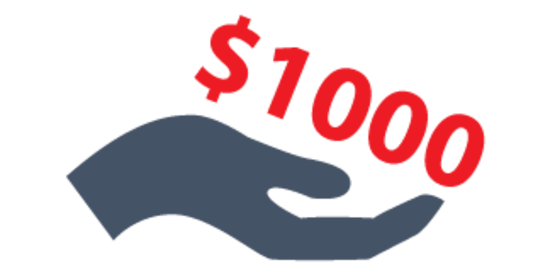 1,000 dollar donation with hand icon